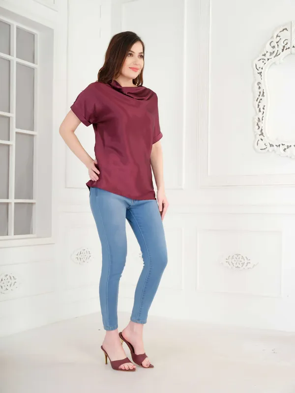Wine_Solid_Cowl_Neck_Top_For_Women
