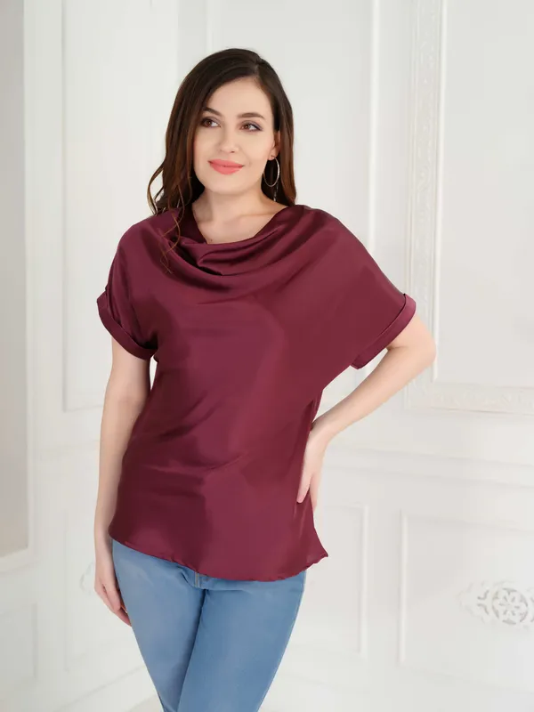 Wine_Solid_Cowl_Neck_Top_For_Women