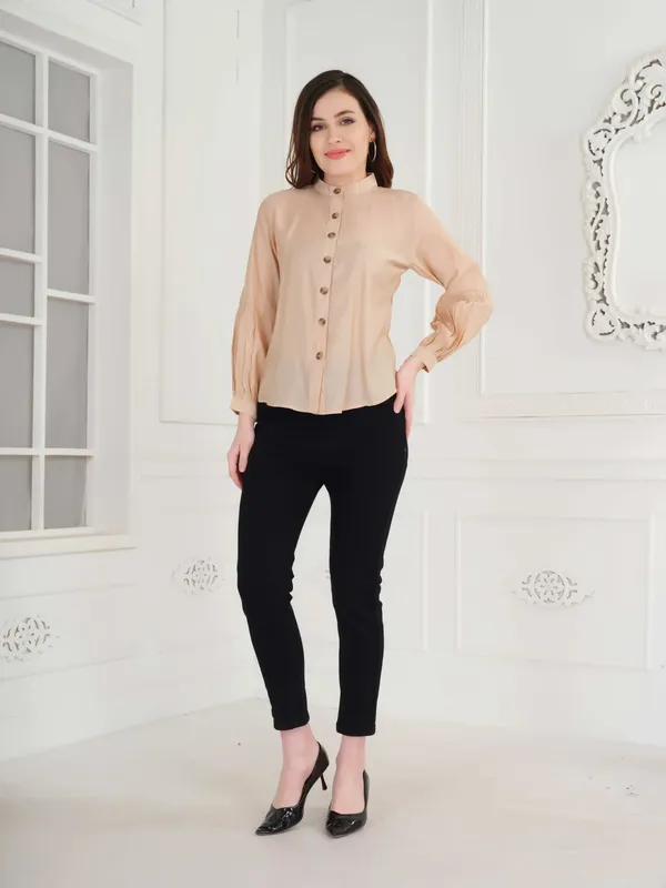 Beige_Solid_Full_Sleeve_Shirt_For_Women