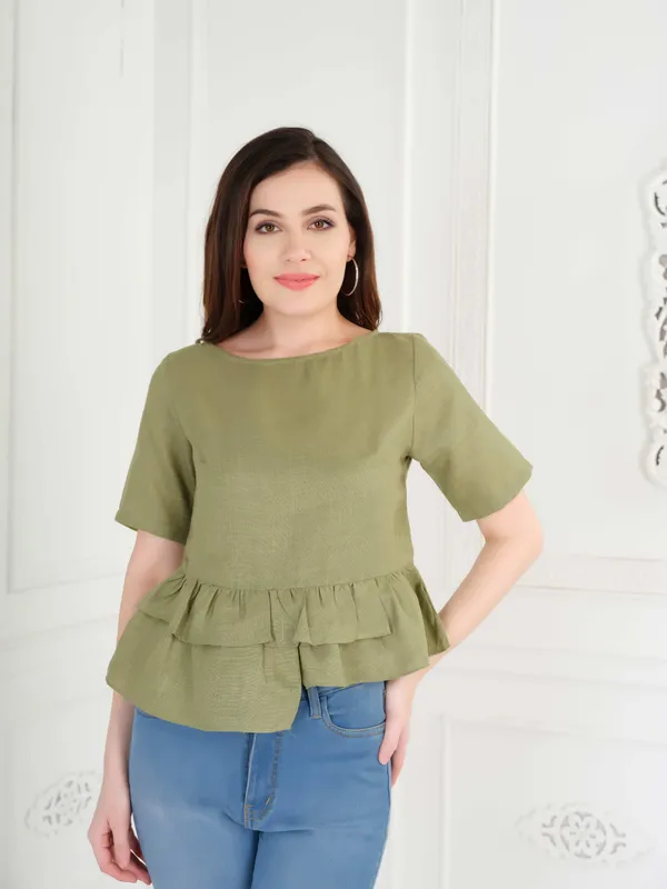 Green_Half_Sleeve_Peplum_Top_For_Green