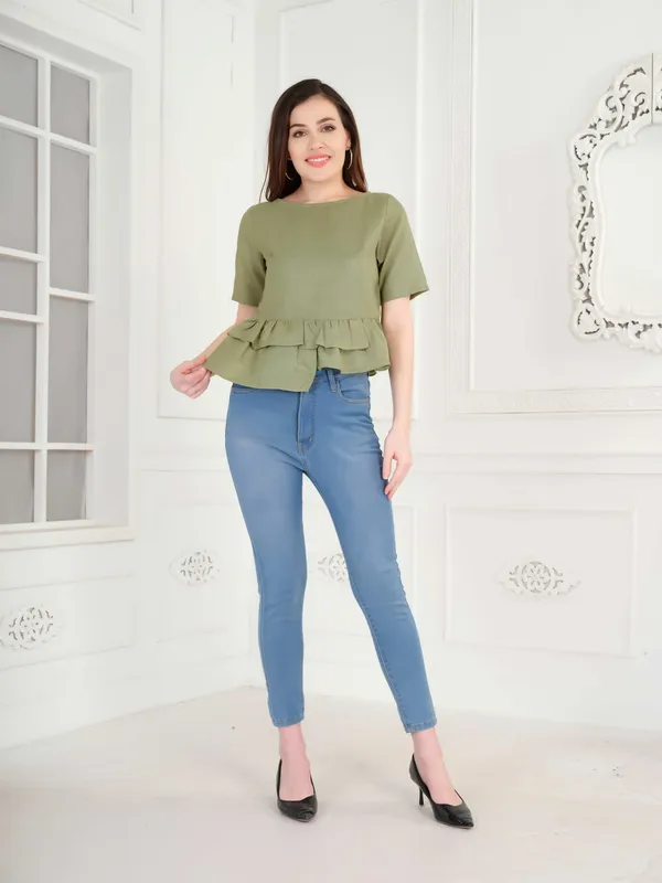 Green_Half_Sleeve_Peplum_Top_For_Green