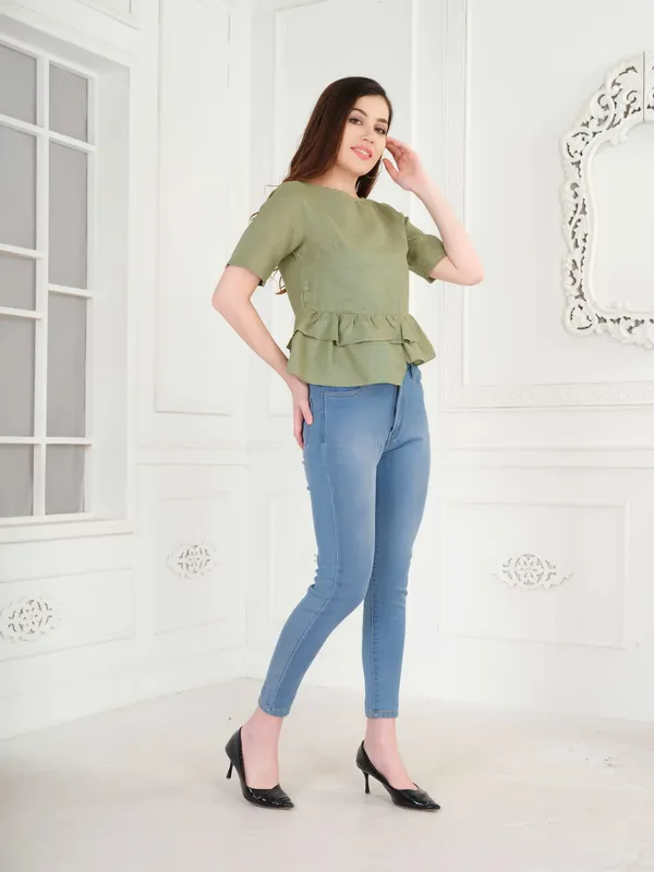 Green_Half_Sleeve_Peplum_Top_For_Green
