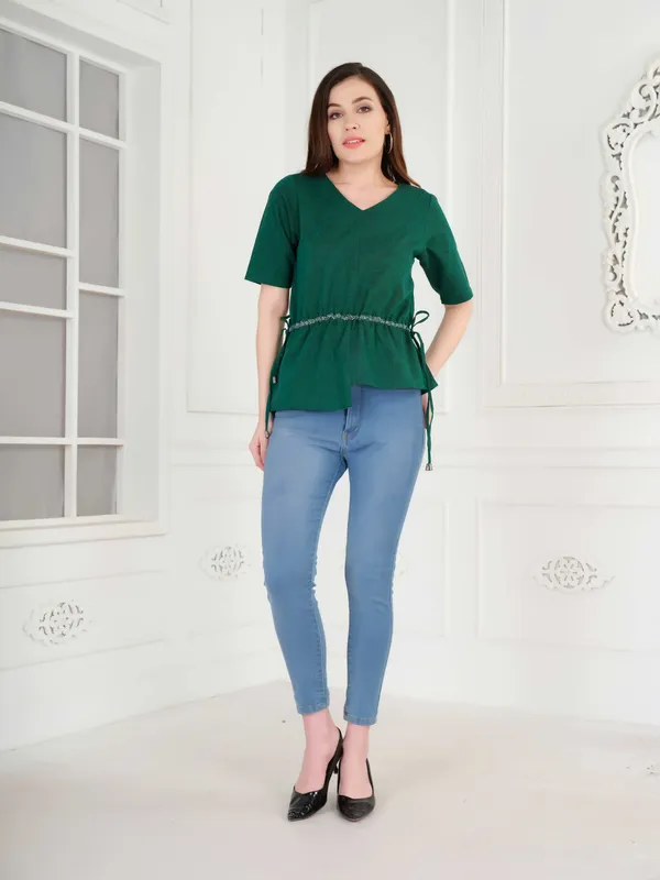 Bottle_Green_Solid_Half_Sleeve_V_Neck_Top_For_Women