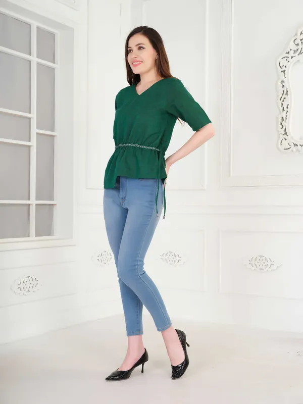 Bottle_Green_Solid_Half_Sleeve_V_Neck_Top_For_Women