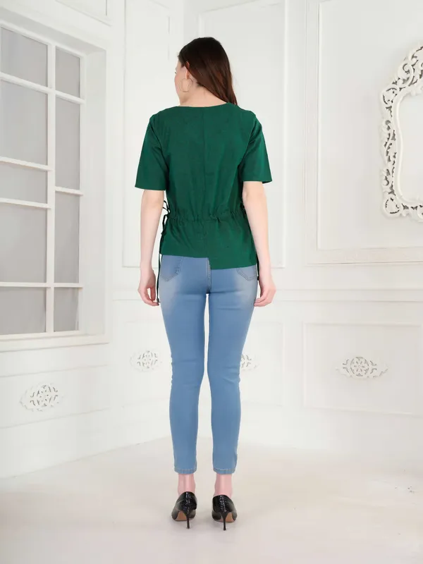Bottle_Green_Solid_Half_Sleeve_V_Neck_Top_For_Women