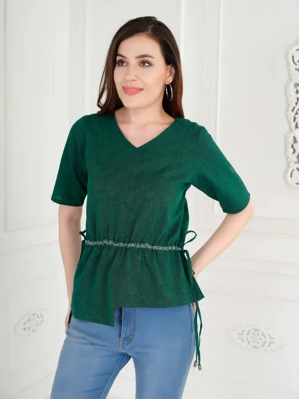 Bottle_Green_Solid_Half_Sleeve_V_Neck_Top_For_Women