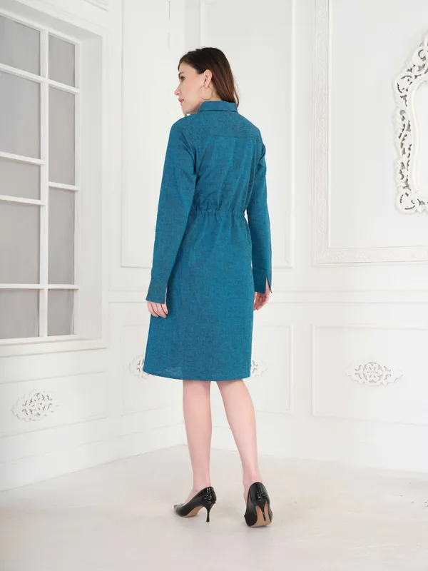 Solid_Teal_Full_Sleeve_Shirt_Dress_For_Women