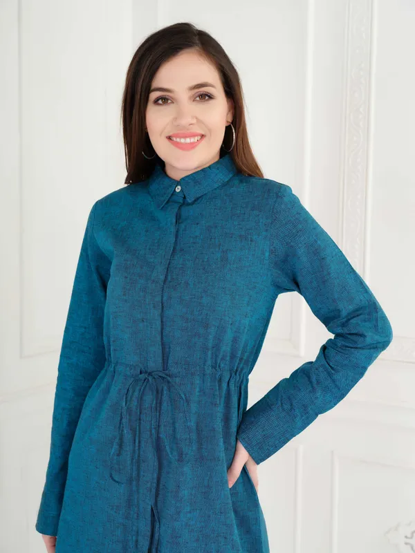 Solid_Teal_Full_Sleeve_Shirt_Dress_For_Women
