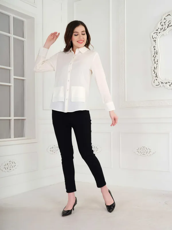 White_Solid_Full_Sleeve_Shirt_For_Women