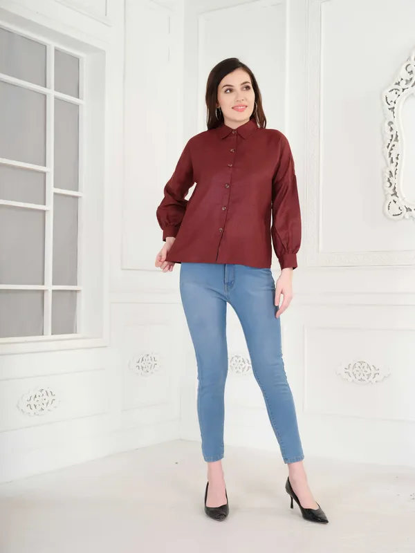 Maroon_Full_Sleeve_Cotton_Shirt_For_Women