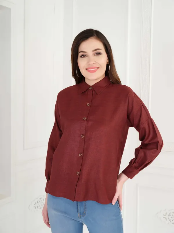 Maroon_Full_Sleeve_Cotton_Shirt_For_Women