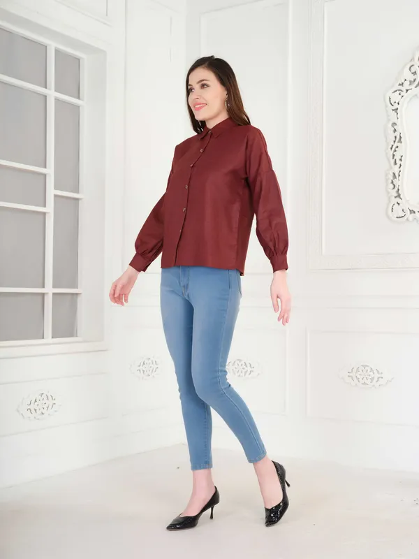 Maroon_Full_Sleeve_Cotton_Shirt_For_Women