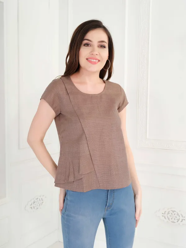 Beige_Solid_Pure_Cotton_Top_For_Women
