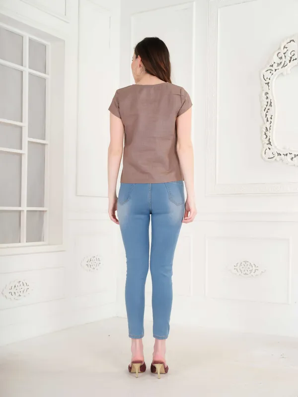 Beige_Solid_Pure_Cotton_Top_For_Women