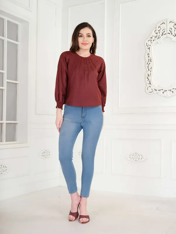 Maroon_Full_Sleeve_Cotton_Top_For_Women