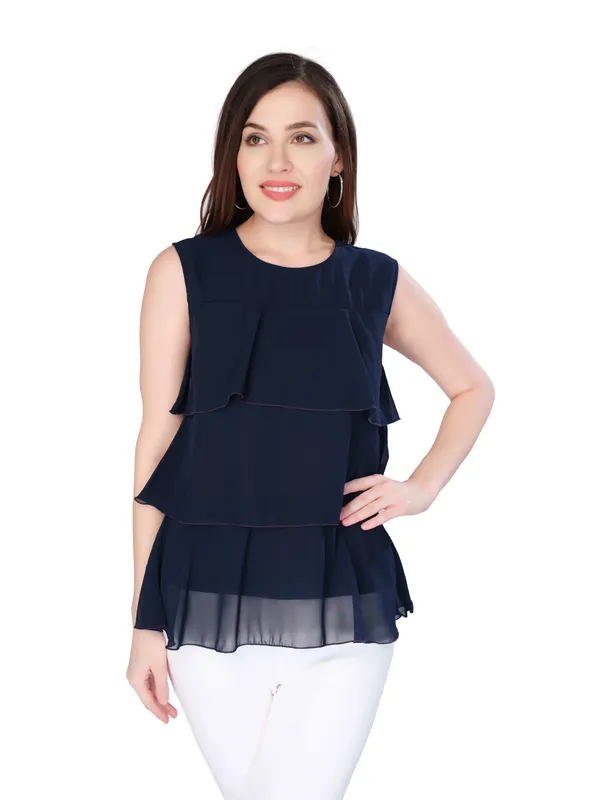 Navy_Blue_Sleeveless_Peplum_Top_For_Women