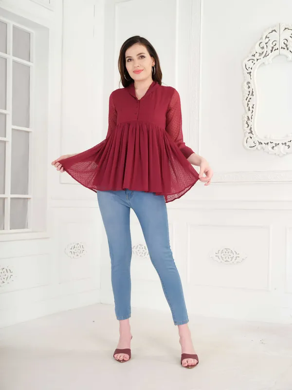 Maroon_3/4th_Sleeve_Peplum_Top_For_Women