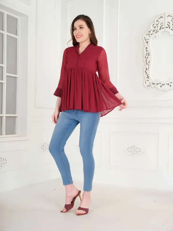 Maroon_3/4th_Sleeve_Peplum_Top_For_Women