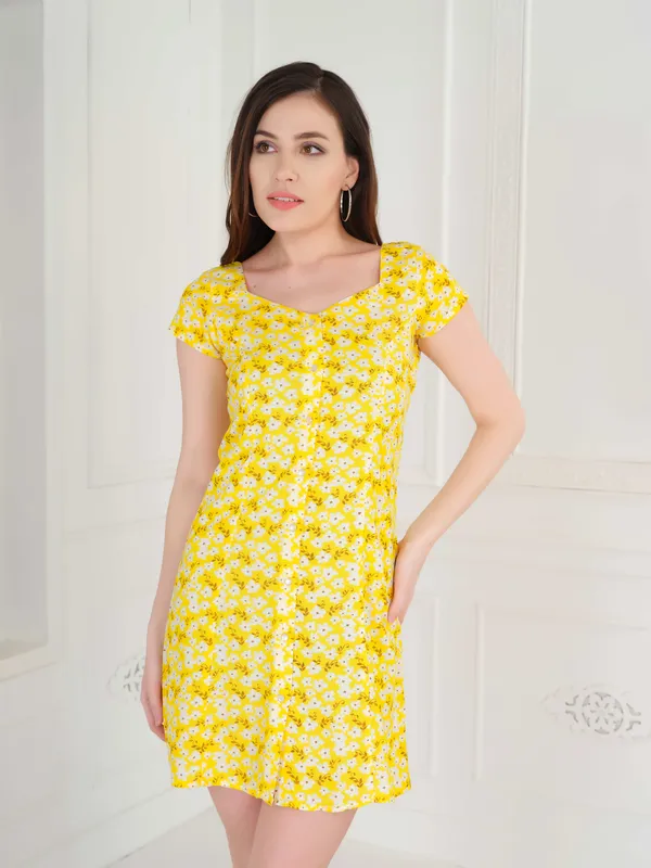 Yellow_Floral_Cap_Sleeve_Shirt_Dress_For_Women