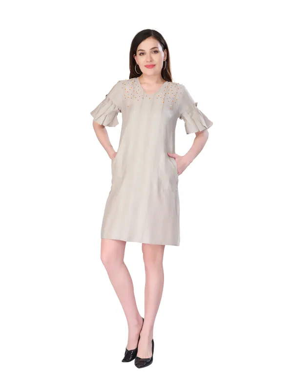 Beige_Self_Stripe_Half_Sleeve_Embroidered_Dress_For_Women