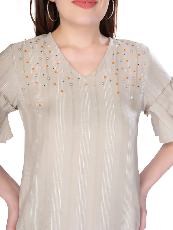 Beige_Self_Stripe_Half_Sleeve_Embroidered_Dress_For_Women
