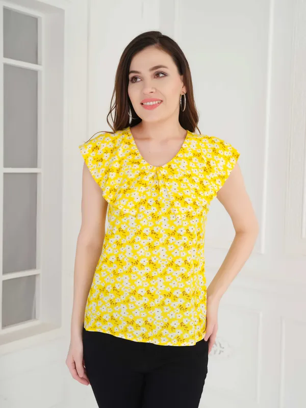 Yellow_Floral_Collared_Sleeveless_Top_For_Women