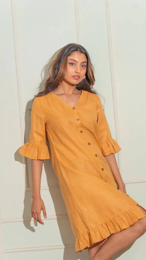 Yellow_Premium_Solid_Frill_Dress_For_Women