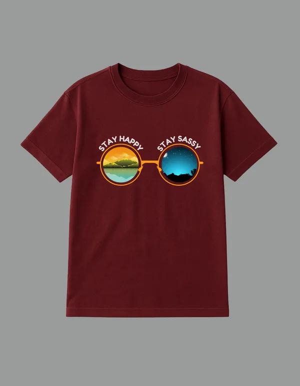 Maroon_Stay_Happy_Stay_Sassy_Printed__Regular_Fit_T-Shirt_|_For_Unisex