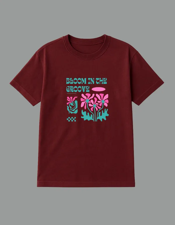 Maroon_Bloom_In_The_Groove_Printed__Regular_Fit_T-Shirt_|_For_Unisex