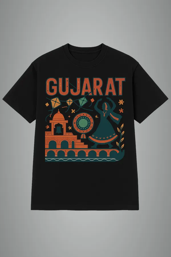 Black_Gujarat_Printed_Cotton_Regular_Fit_T-Shirt_|_For_Men