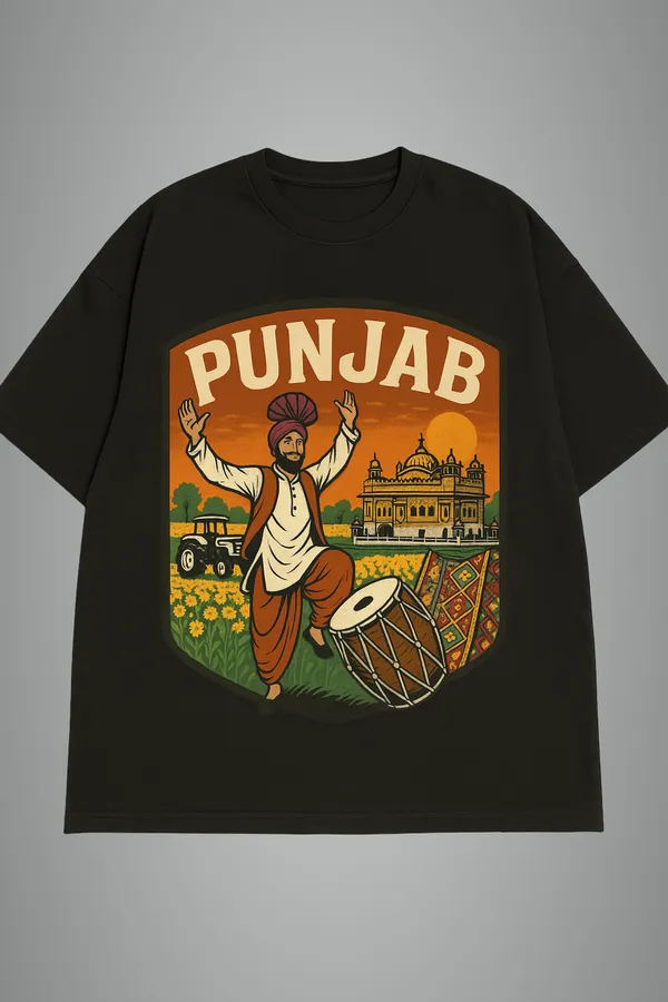 Black_Punjab_Printed_Cotton_Oversized_Fit_T-Shirt_|_For_Men