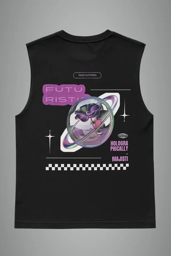 Black_Holographically_Majestic_Printed_Cotton__Regular_Fit_Sleeveless_T-Shirt_|_For_Unisex