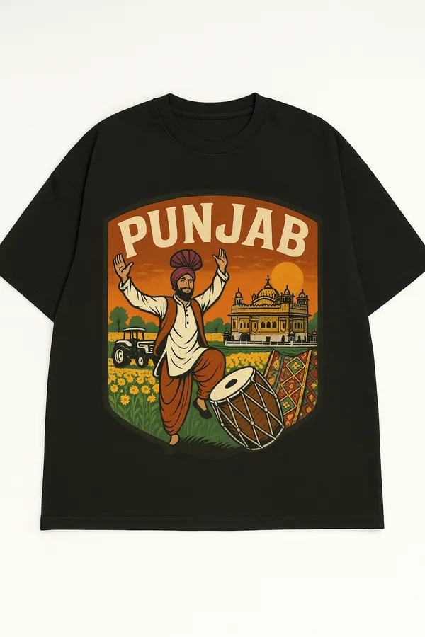 Black_Punjab_Printed_Cotton_Oversized_Fit_T-Shirt_|_For_Men