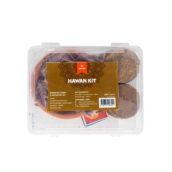 Combo_Of_Swaha_Havan_Kit_Bring_An_Positive_Energy_From_Your_Pooja_Swaha_Kubera_Yantra_With_Gold_Plated_(Kubera_Yantra_8_X_8.5_Cm_Havan_Kit_With_Samagri_50G_Cow_Dung_Cake_8_Pieces_Mud_Plate_1_Piece)