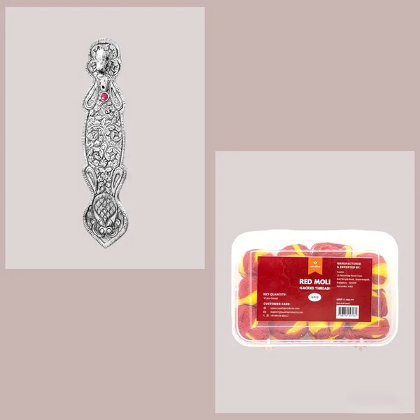 Pack_Of_2_Swaha_Incense_Holder_Elephant_With_Art_|_Silver_Color_Metal_Agarbatti/_Dhoopbatti_Holder_&_Swaha_Red_Moli