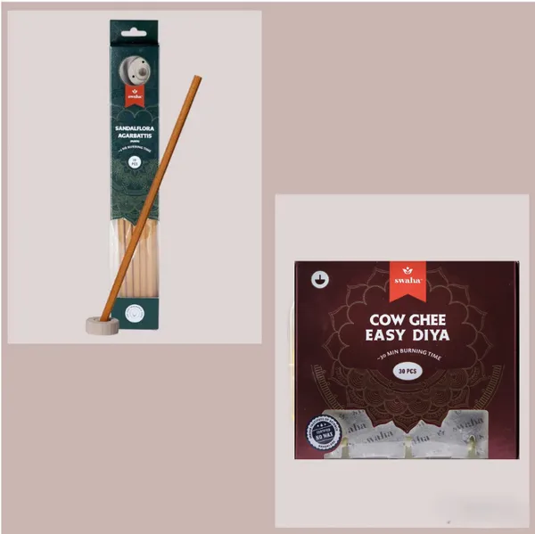 Combo_Of_Swaha_Sandlflora_Agarbatti_&Swaha_Cow_Ghee_Diya_Gift_Box_(Sandalflora_Agarbatti_10_Pieces_Ghee_Wicks_30_Pieces_Steel_Diyas_2_Pieces)