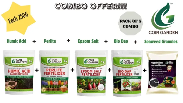 COIR_GARDEN_Combo_of_5_(Each_250g)_-_Humic_Acid_+_Perlite_+_Epsomsalt_+_Bio_Dap_+_Seaweed_Granules.