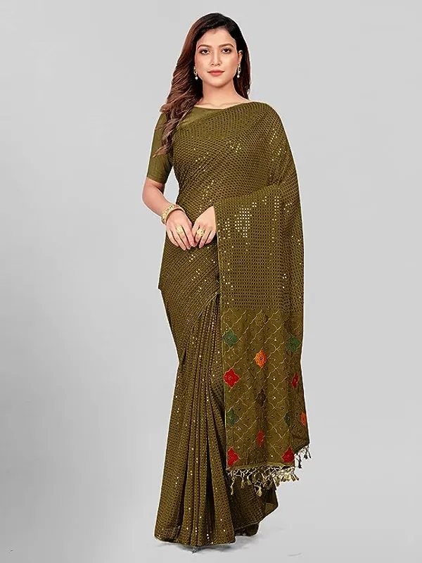 Olive_Green_Embellished_Georgette_Saree_with_Tassels_For_Women