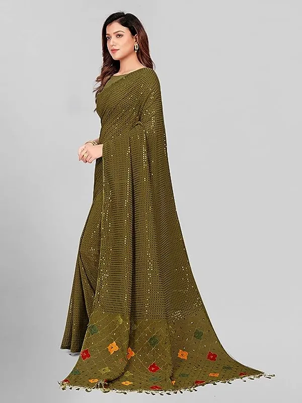 Olive_Green_Embellished_Georgette_Saree_with_Tassels_For_Women