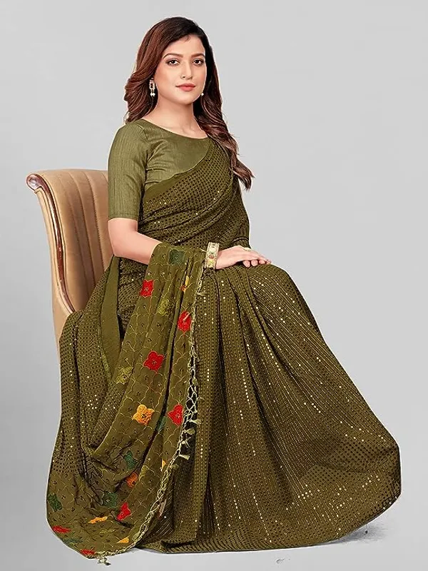 Olive_Green_Embellished_Georgette_Saree_with_Tassels_For_Women