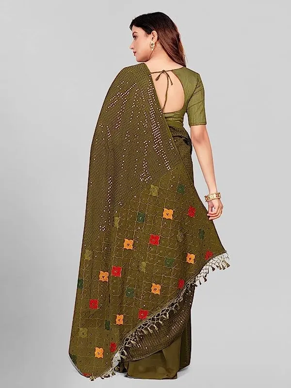 Olive_Green_Embellished_Georgette_Saree_with_Tassels_For_Women
