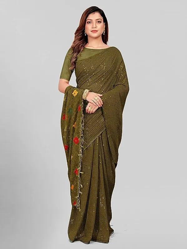Olive_Green_Embellished_Georgette_Saree_with_Tassels_For_Women