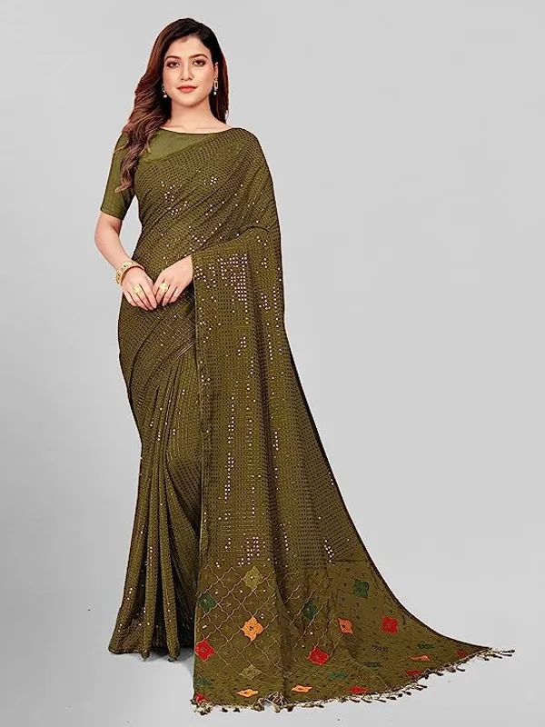 Olive_Green_Embellished_Georgette_Saree_with_Tassels_For_Women