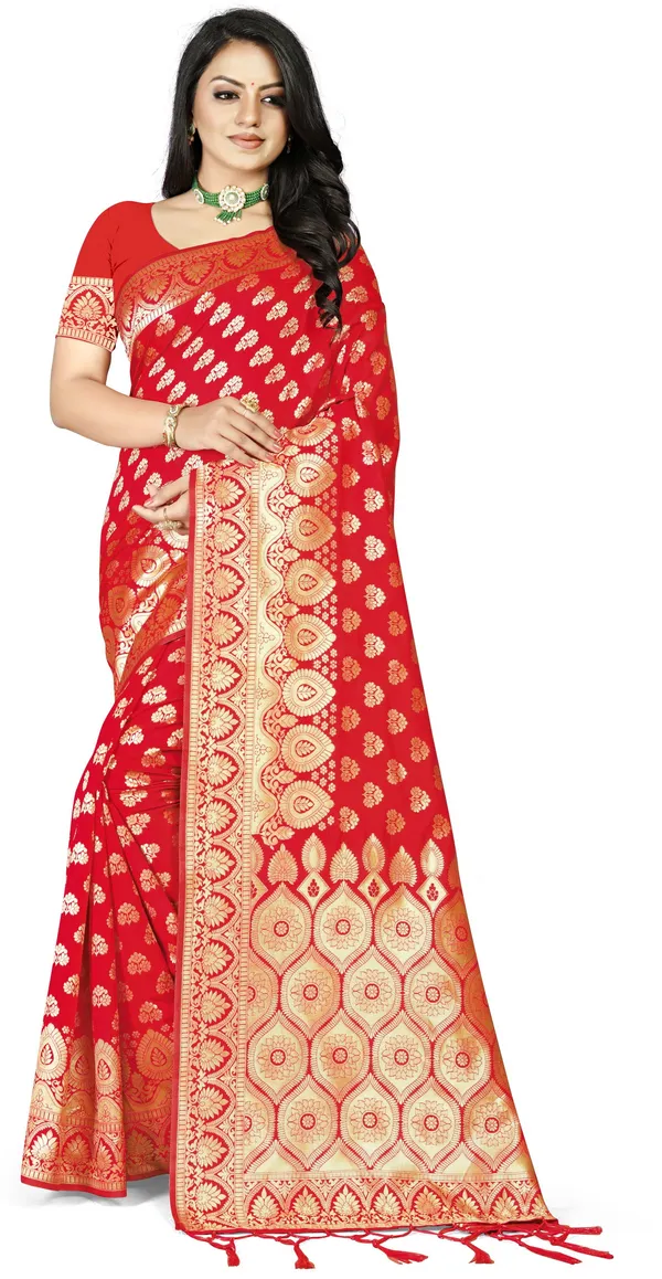 Red_Banarasi_saree_with_Latkan_With_Unstitched_Blouse_Piece_For_Women