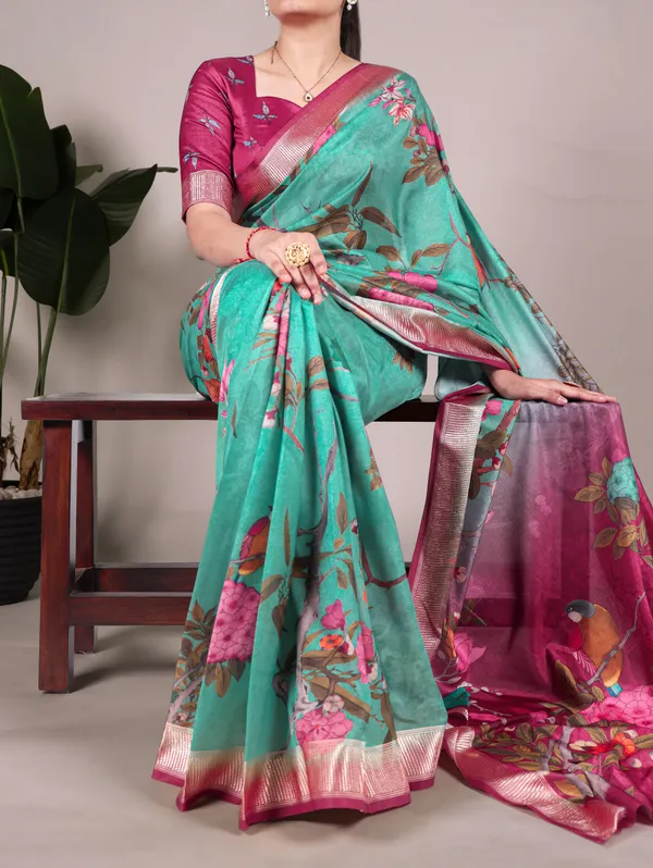 Green_Tasar_Silk_With_Viscose_Border_Floral_Printed