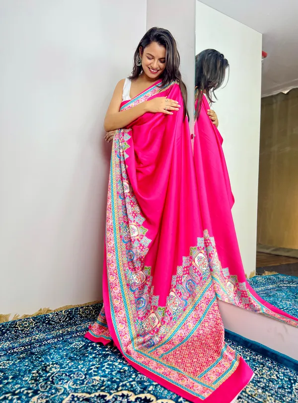 Luxurious_Rani_Pink_Satin_Saree_with_Kashmiri_Pashmina_Inspired_Digital_Print__Original_Japan_Satin_(Devsena_satin)