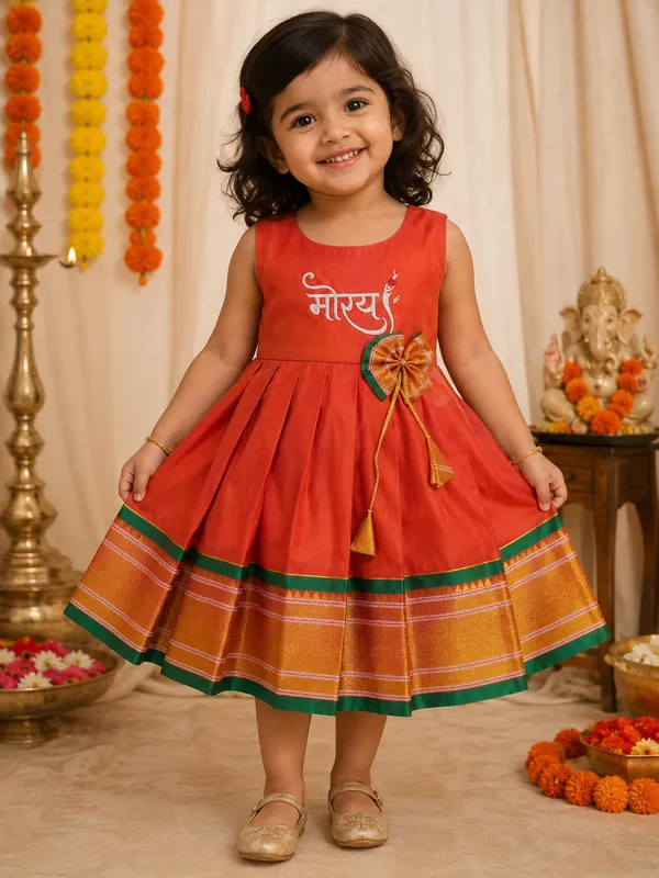 Ganpati_Special_Narayanpeth_Paithani_Cotton_Silk_Morya_Embroidey_Traditional_Frock_for_Girls