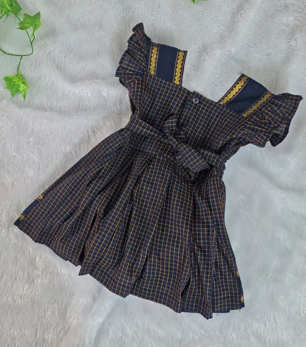 Amba_Collection_Boutique's_Girl's_Traditional_Ethnic_Wear_Reshim_Irkal_Cotton_Checks_Frock_Navy_Blue