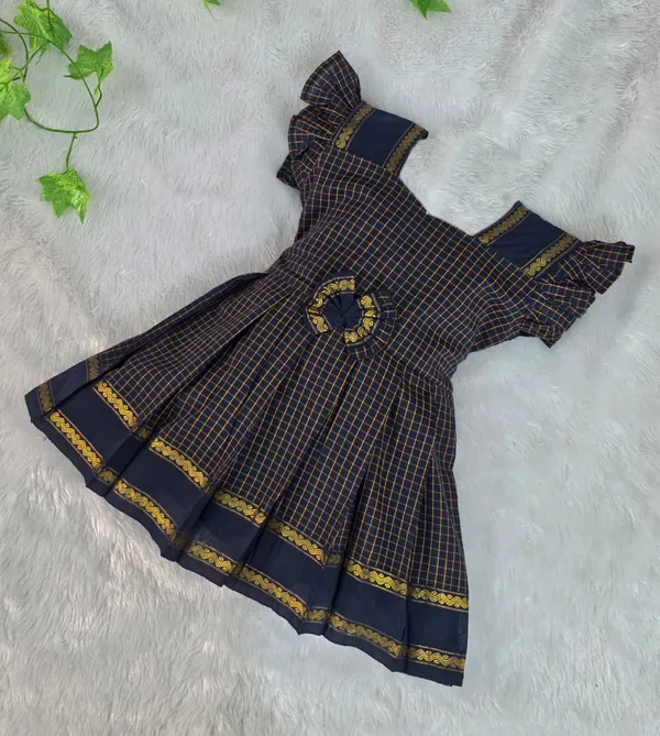 Amba_Collection_Boutique's_Girl's_Traditional_Ethnic_Wear_Reshim_Irkal_Cotton_Checks_Frock_Navy_Blue
