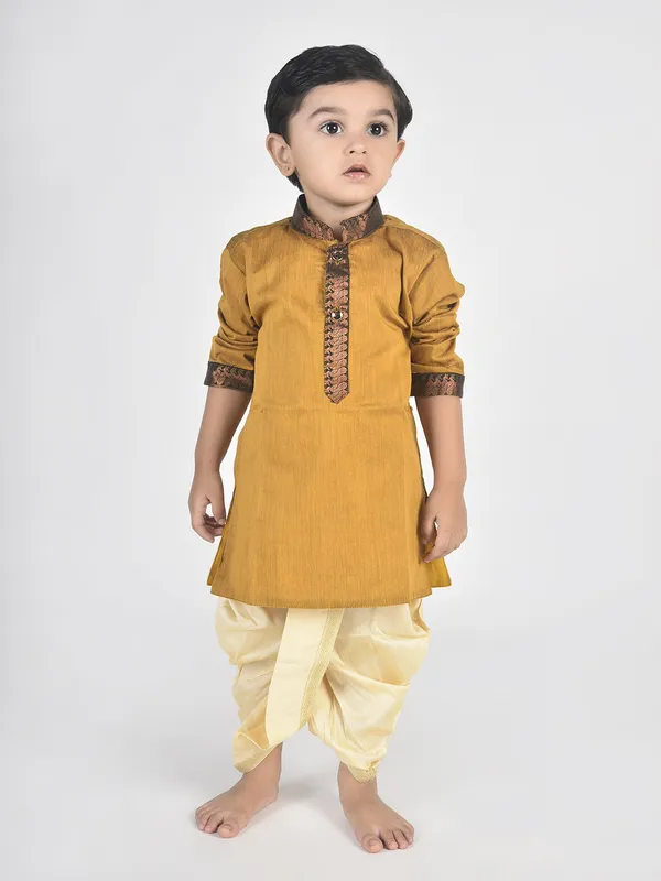 Gold_Pure_Cotton_Full_Sleeve_Mandarin_Collar_Self_Design_Dhoti_&_Kurta_Set_For_Boys